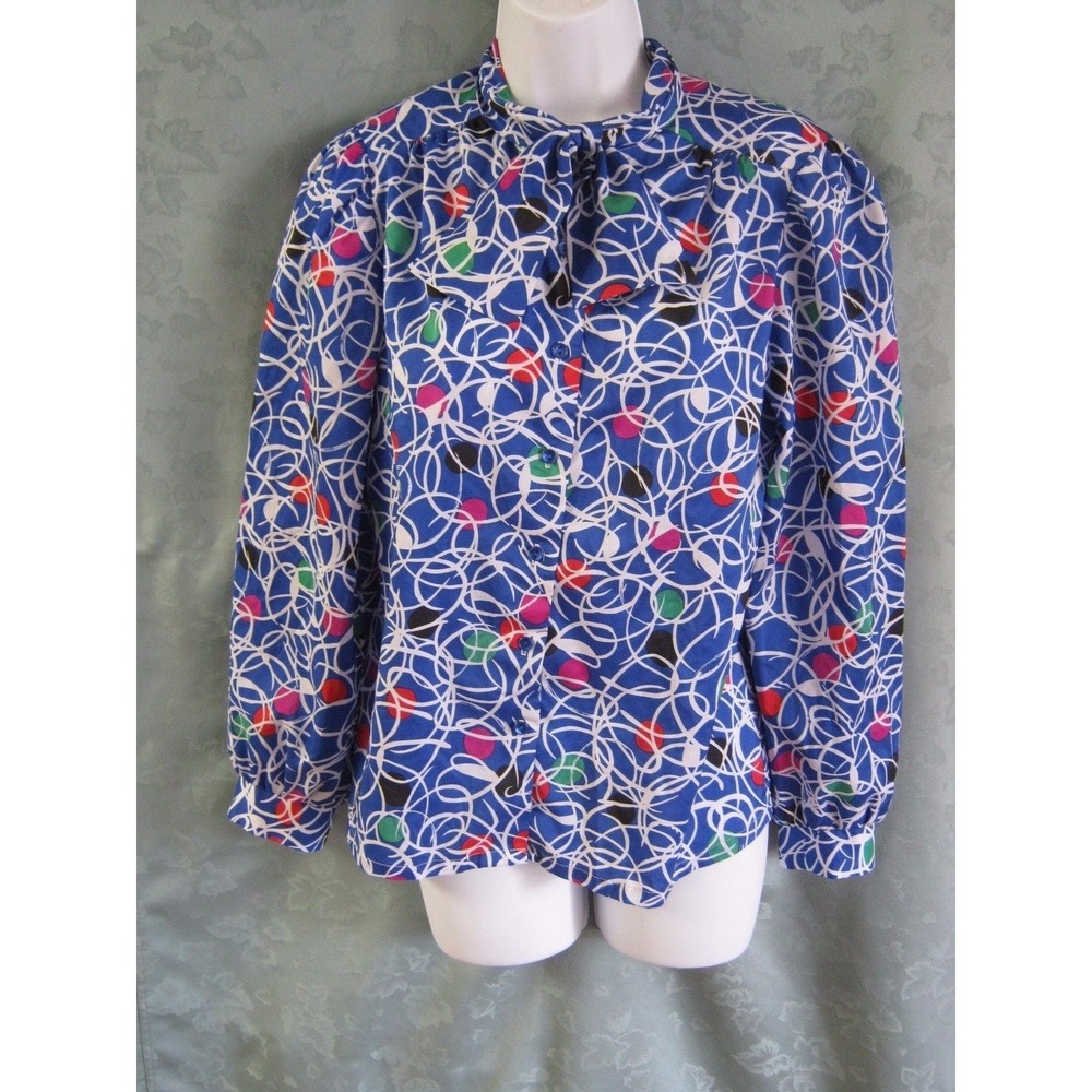 Vintage Alicia Secretary Blouse Size Large Tie Neck Geometric Print Career Top